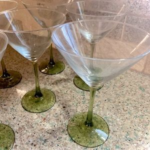 Set of Six Stemmed Olive Green & Clear Glass Martini Glasses